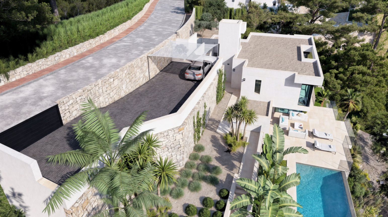 Aerial view featuring the stone-walled driveway, shaded parking area, and the main terrace with an infinity pool and landscaped Mediterranean gardens.