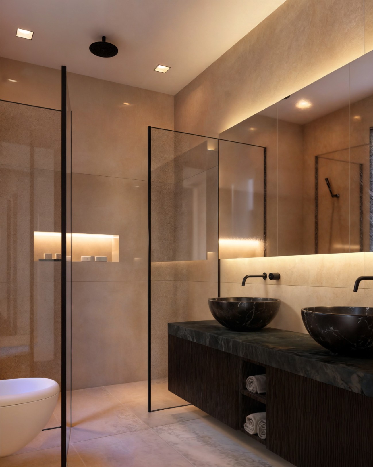 Modern bathroom featuring double black marble vessel sinks, wall-mounted faucets, a large backlit mirror, and a walk-in shower with glass partitions.