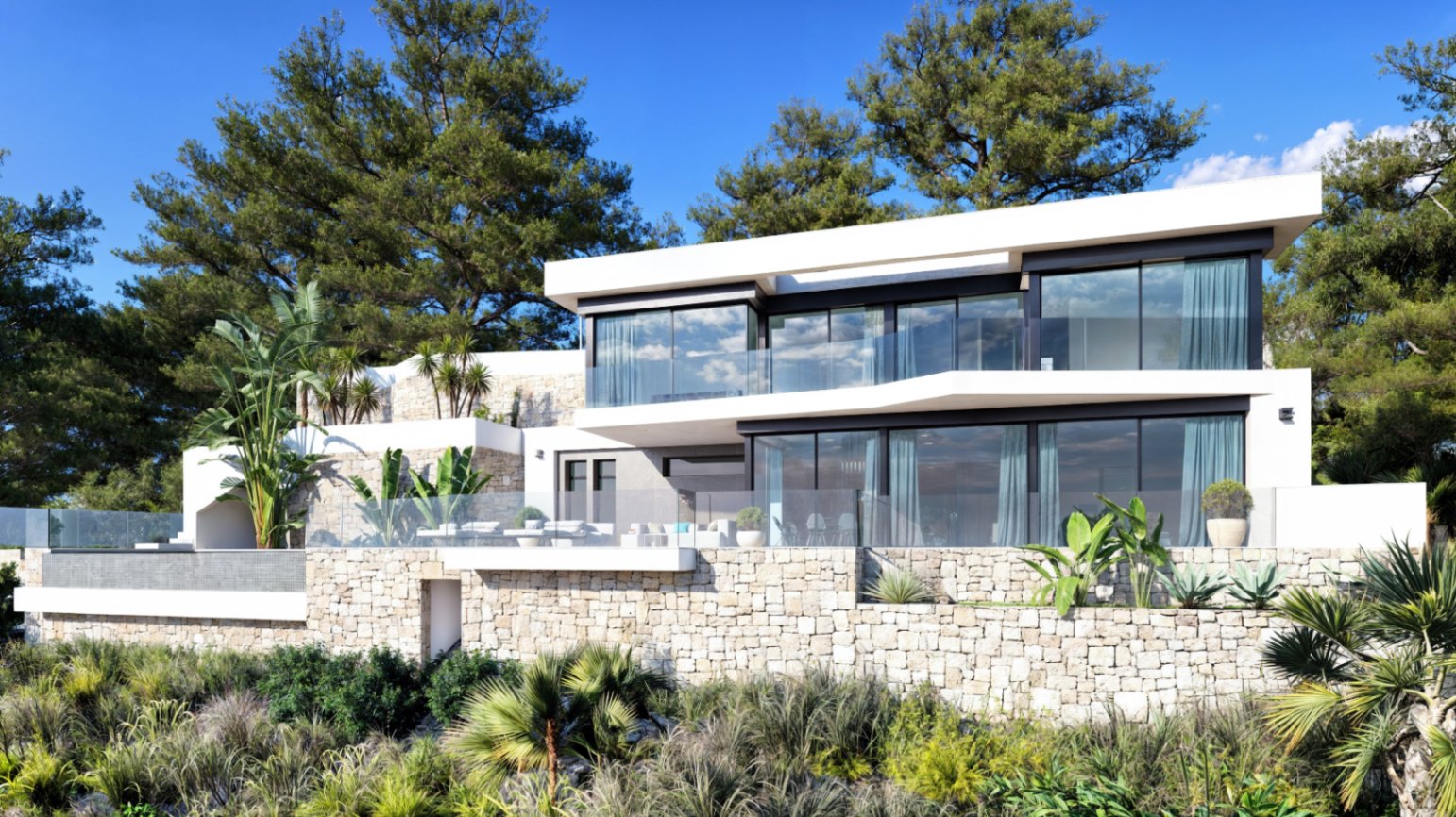 Modern two-story facade featuring natural stone walls, expansive floor-to-ceiling glass windows, and terraces with glass railings set against a pine forest backdrop.