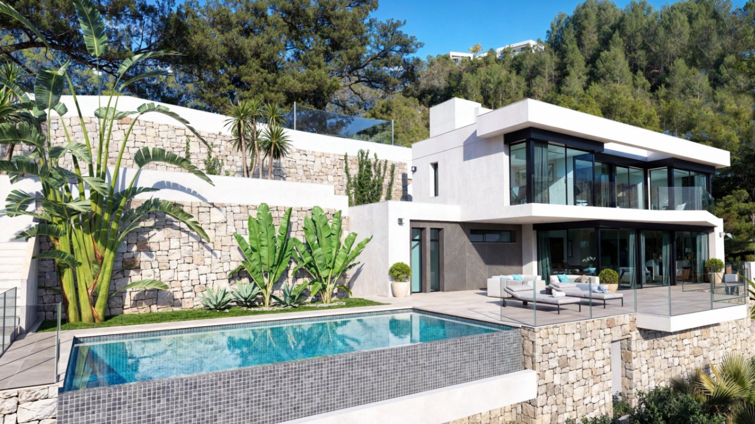 Modern villa exterior featuring natural stone walls, an infinity pool, and large glass windows overlooking the Mediterranean landscape.
