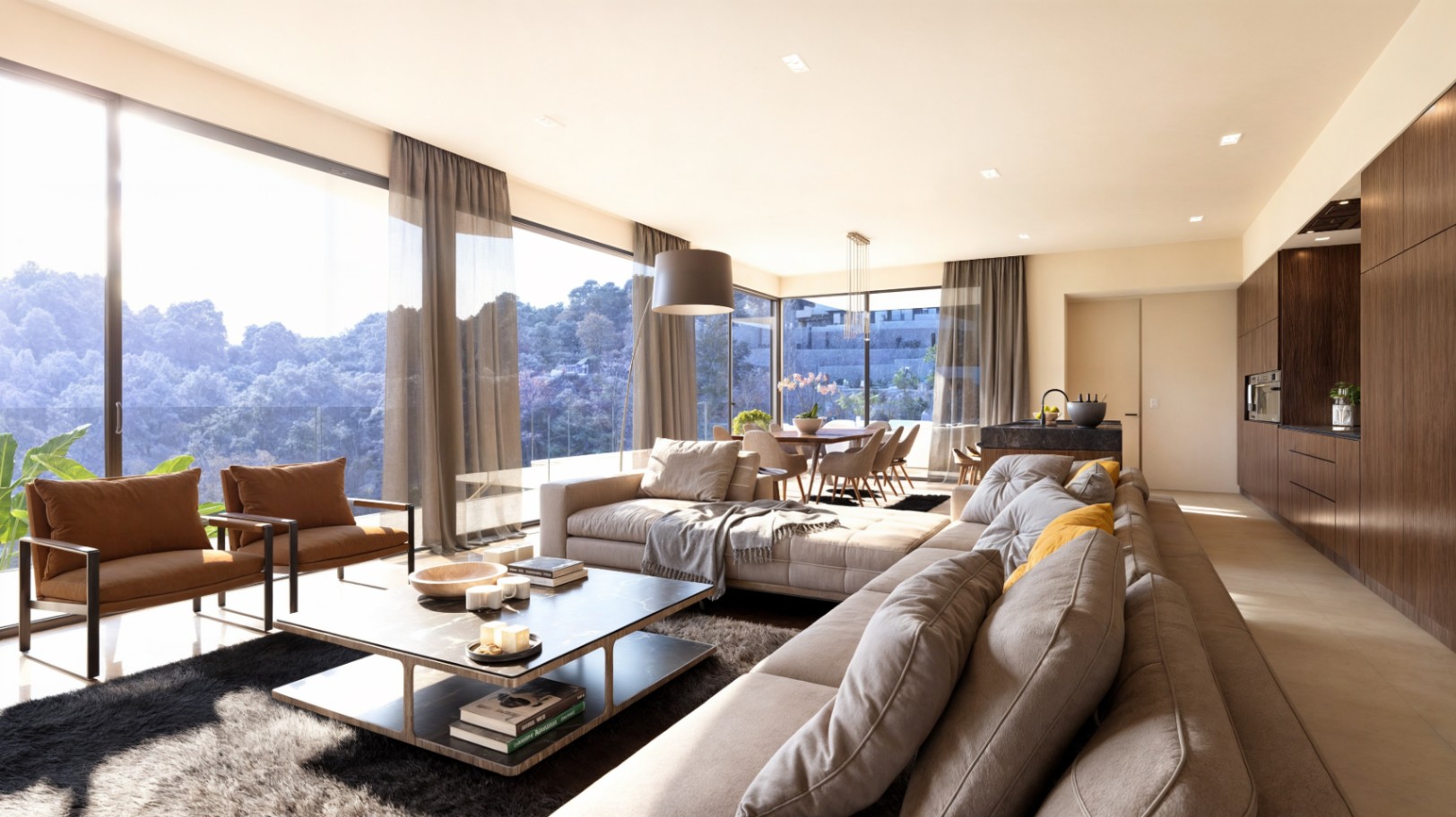 Open-concept living area featuring floor-to-ceiling windows, designer furniture in neutral tones, and an integrated kitchen with dark wood cabinetry.