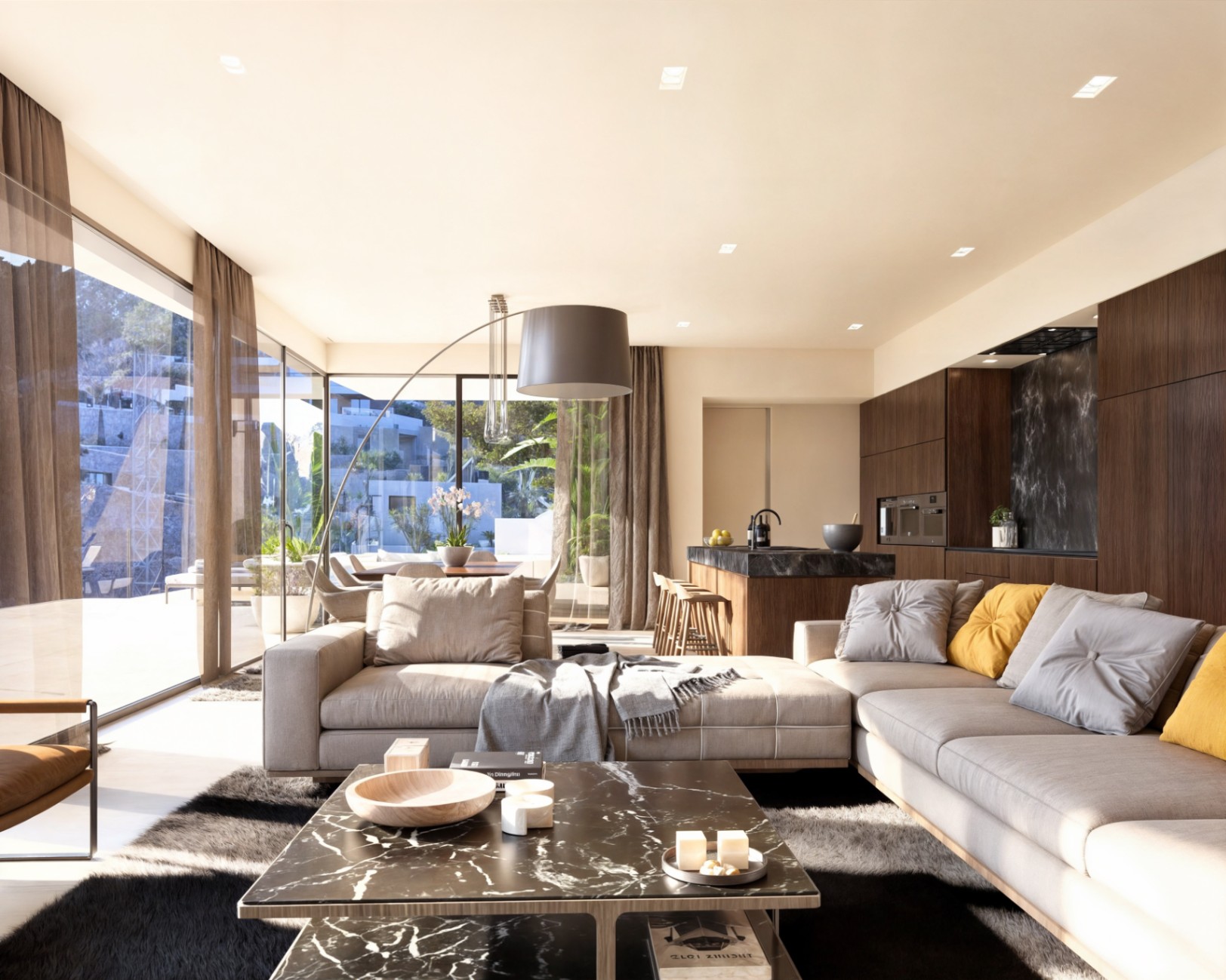 Open-plan living area featuring a large L-shaped sofa, black marble coffee table, and integrated kitchen with dark wood cabinetry and floor-to-ceiling windows.