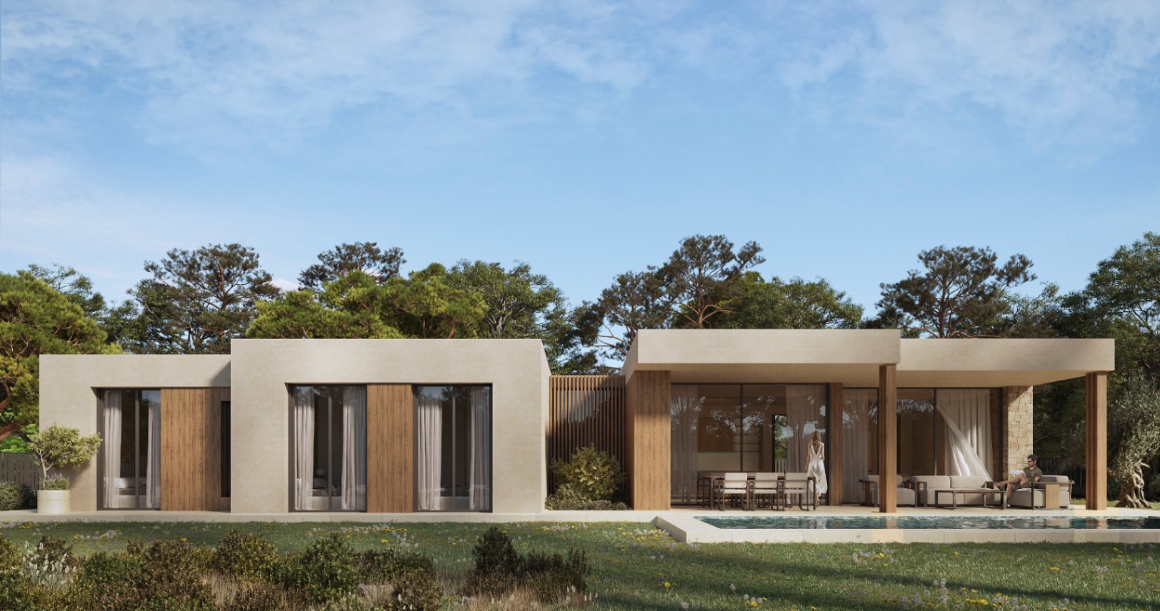 Exterior view of a contemporary villa featuring wood paneling, a covered porch with outdoor living areas, and floor-to-ceiling windows overlooking the pool and garden.