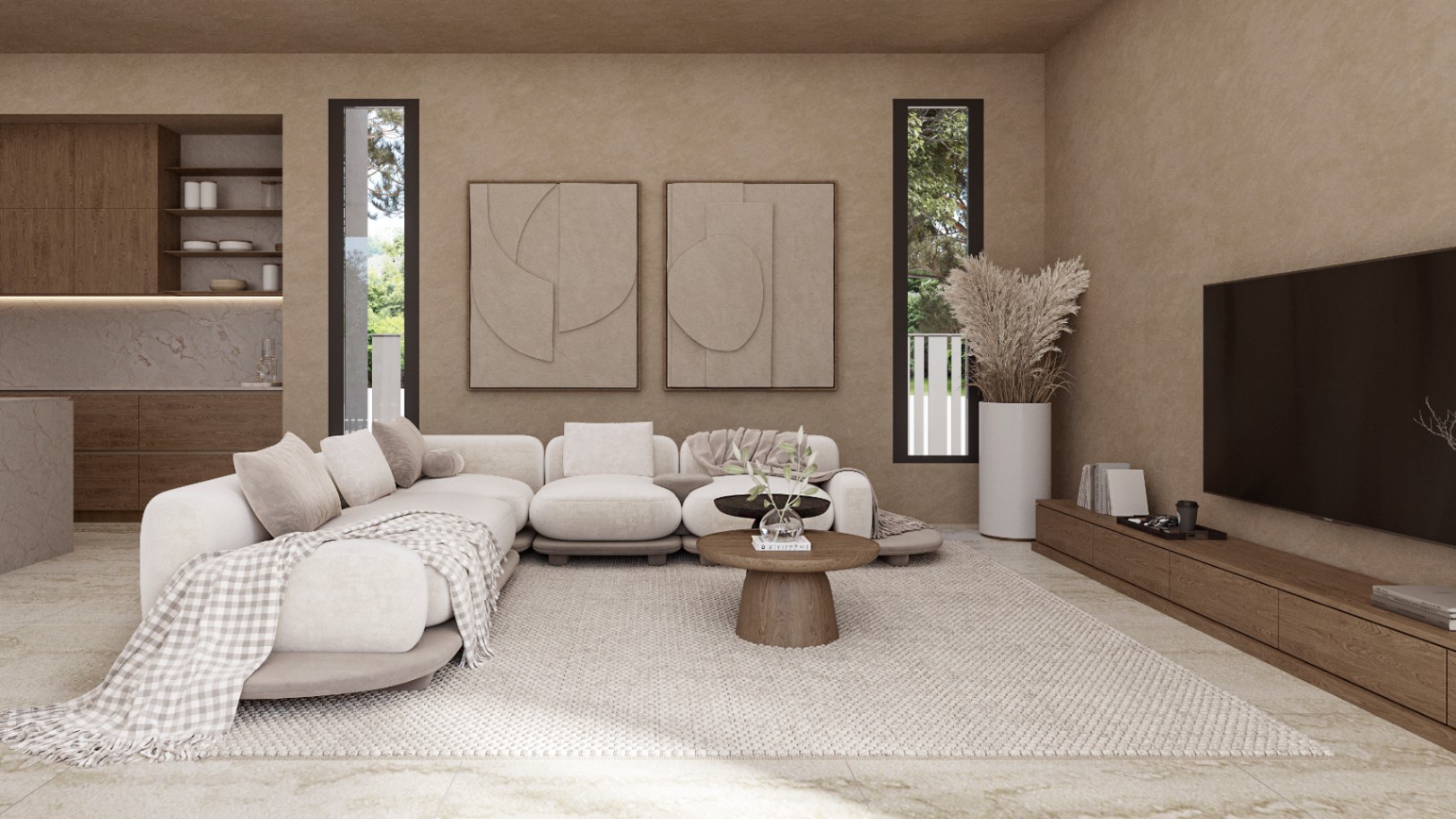 Open-plan living area featuring textured earth-toned walls, modular seating, and a minimalist wooden media console, seamlessly connected to the integrated kitchen.