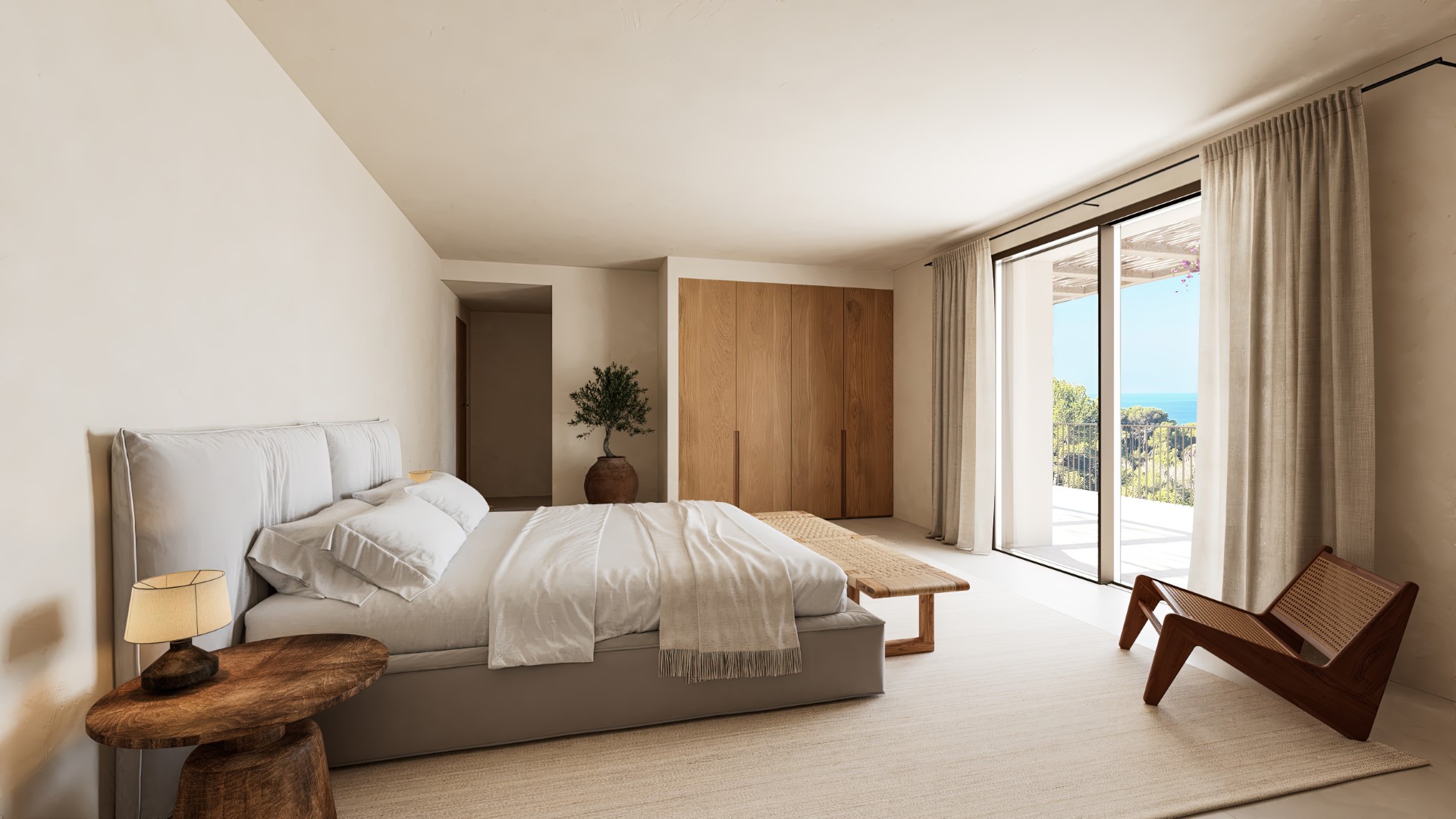 Master bedroom featuring built-in oak wardrobes, designer furniture, and large sliding doors opening to a terrace with expansive Mediterranean views.