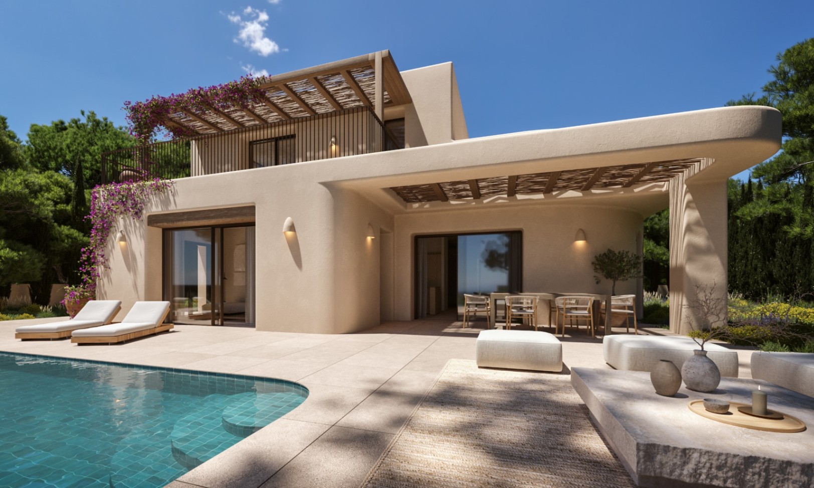 Mediterranean exterior featuring a turquoise pool, stone sun deck, and wooden pergolas. The design includes rounded plaster walls, outdoor dining, and integrated bougainvillea.