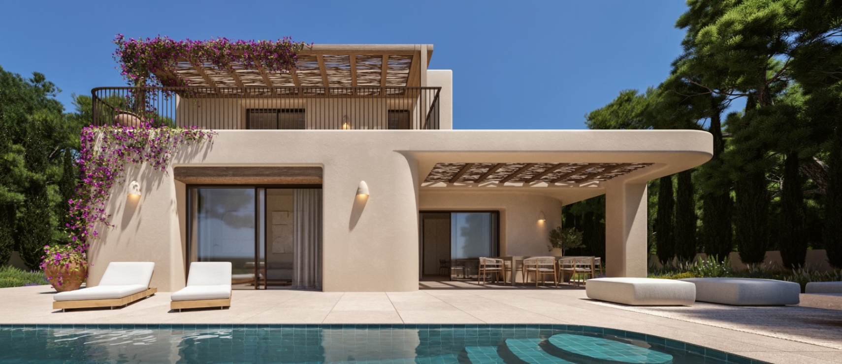 Mediterranean villa exterior featuring sand-toned textured walls, cane pergolas, a turquoise tiled pool, and integrated terraces with native landscaping.