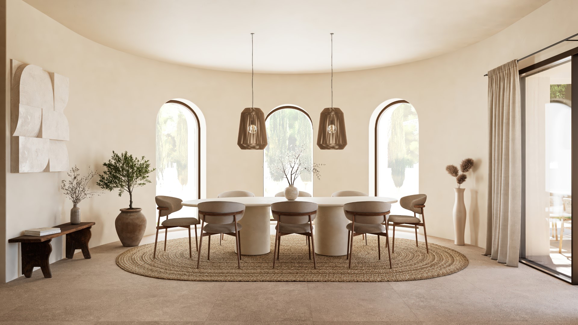Organic dining area featuring an oval stone table, wooden chairs, and bronze pendant lights set against a curved wall with three arched windows.
