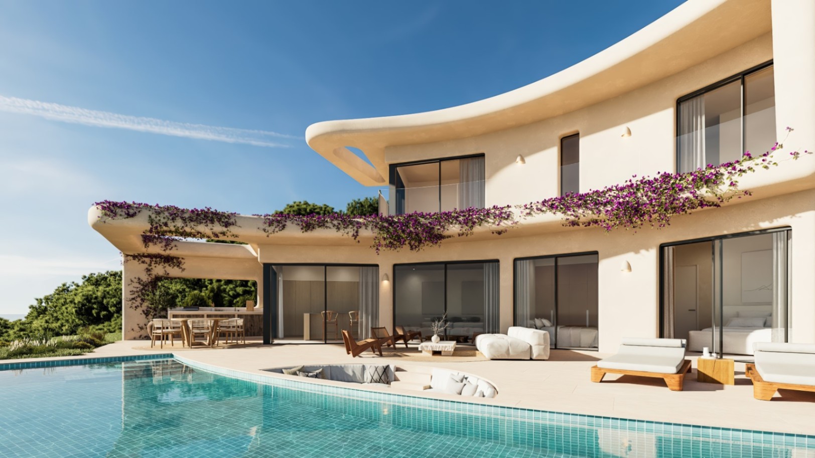 Curved Ibizan-style facade featuring a turquoise pool, integrated sunken lounge, and terraces lined with purple bougainvillea under a clear sky.