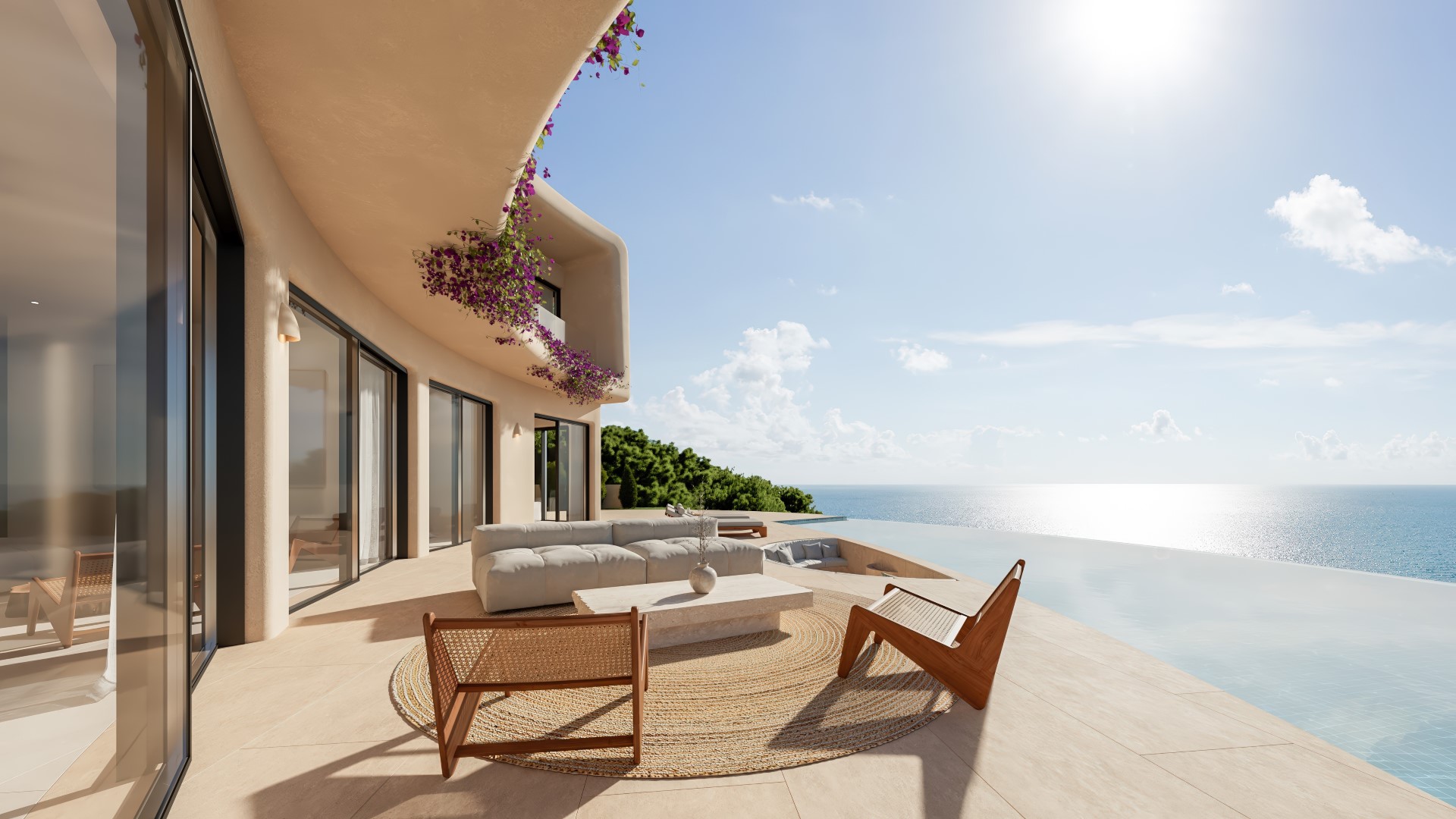 Main terrace featuring an infinity pool with panoramic sea views. Outdoor lounge with modular seating and rattan chairs under organic architectural curves.
