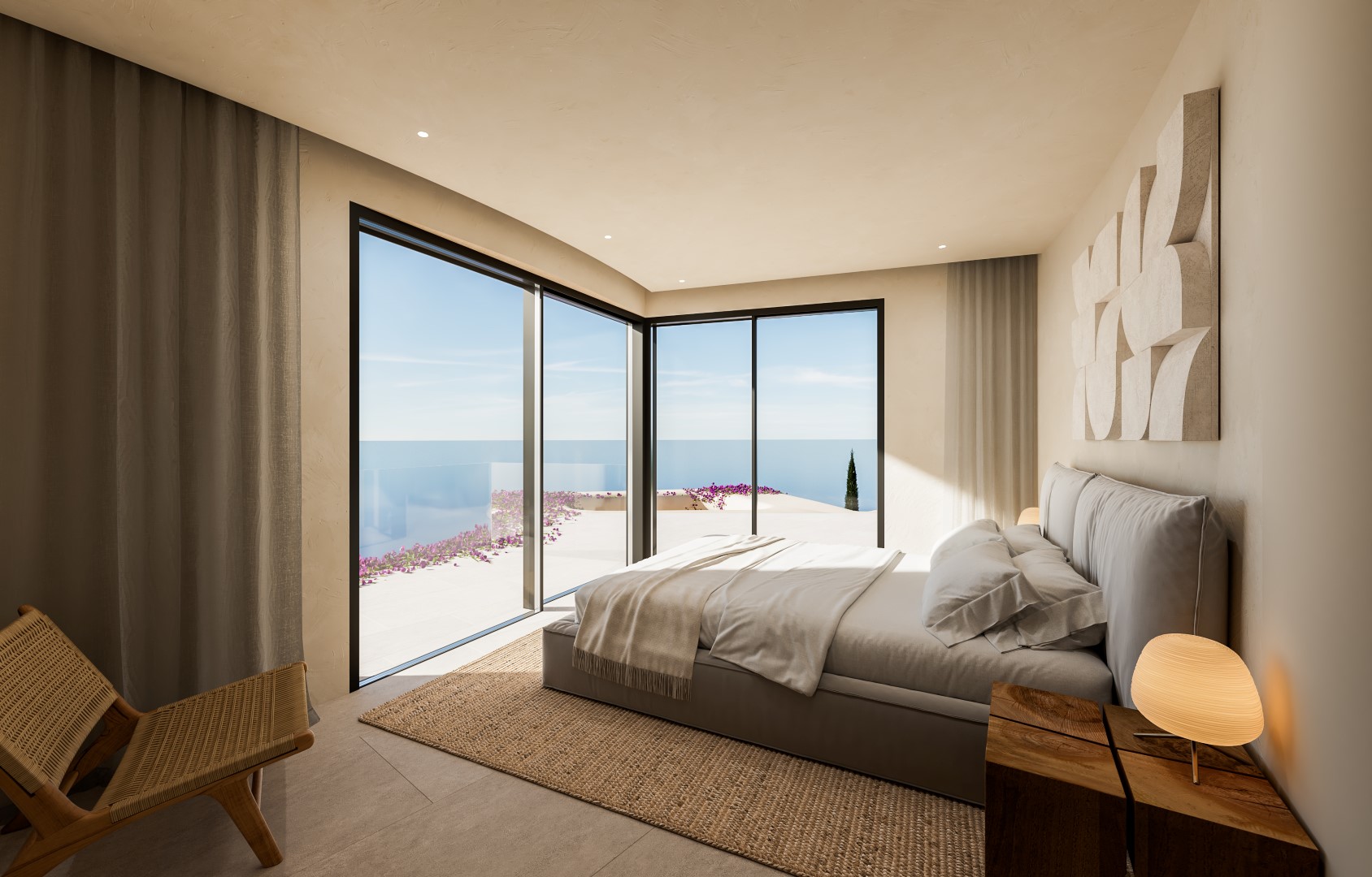 Master bedroom featuring corner floor-to-ceiling windows with sea views, natural textures, a jute rug, and minimalist Mediterranean design elements.