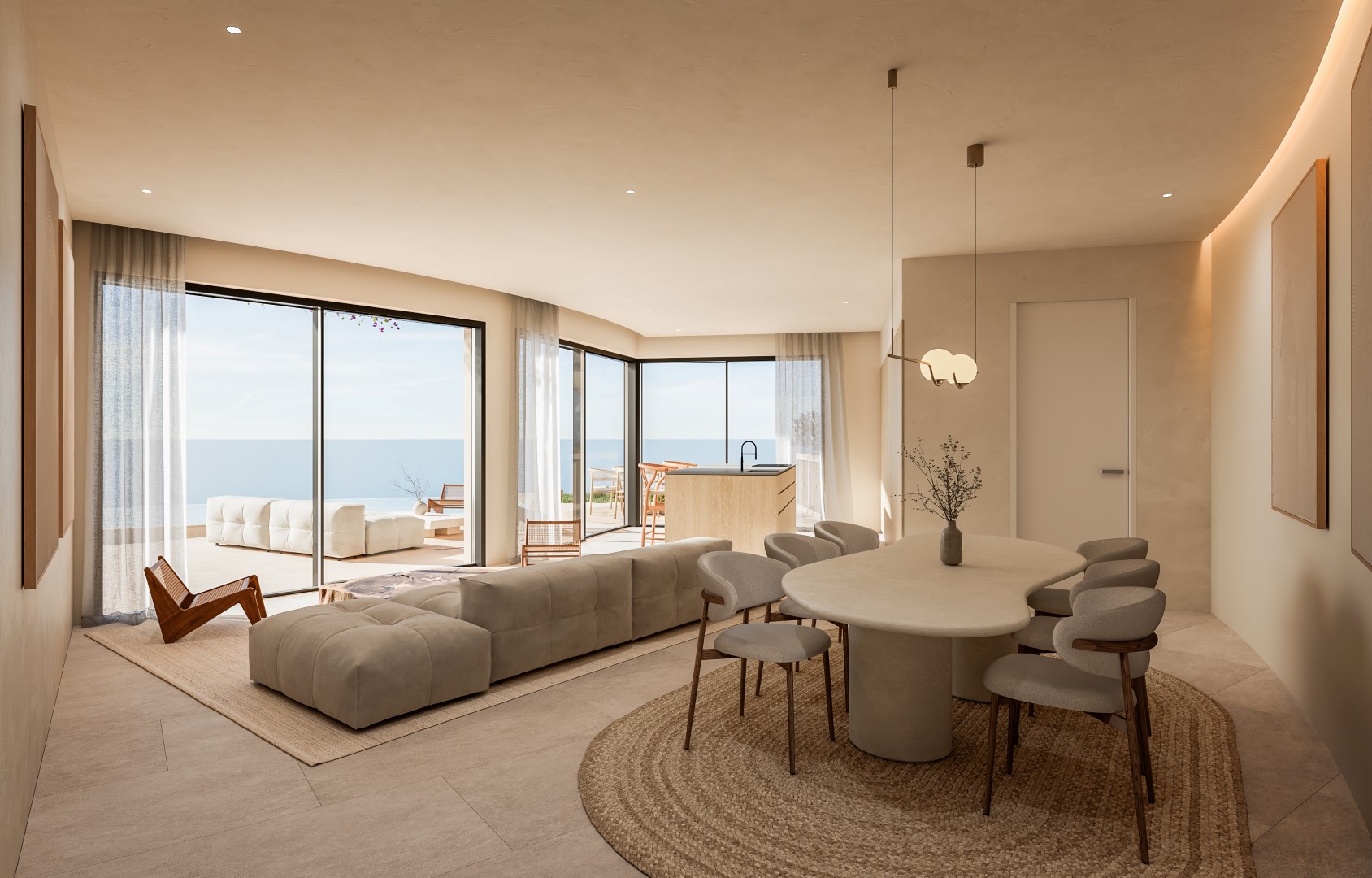 Open-concept living and dining area featuring organic-shaped furniture, stone flooring, and floor-to-ceiling glass doors overlooking the Mediterranean Sea.