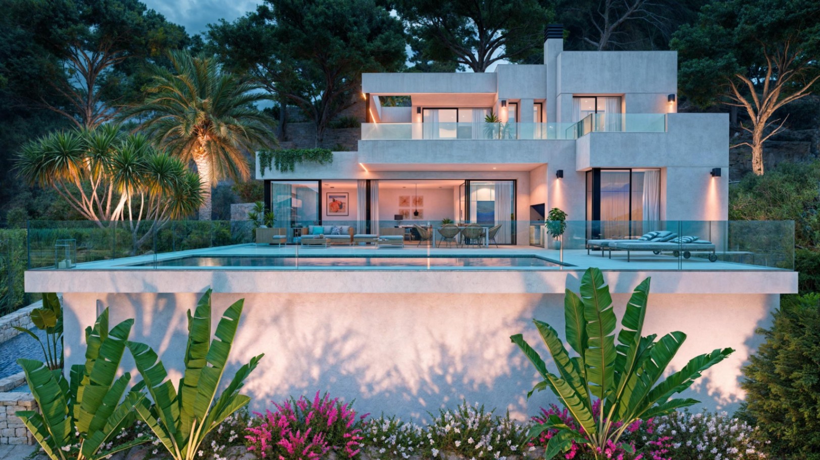 Exterior view of the contemporary villa featuring an infinity pool, illuminated terraces, and landscaped gardens set against a backdrop of lush pine trees.