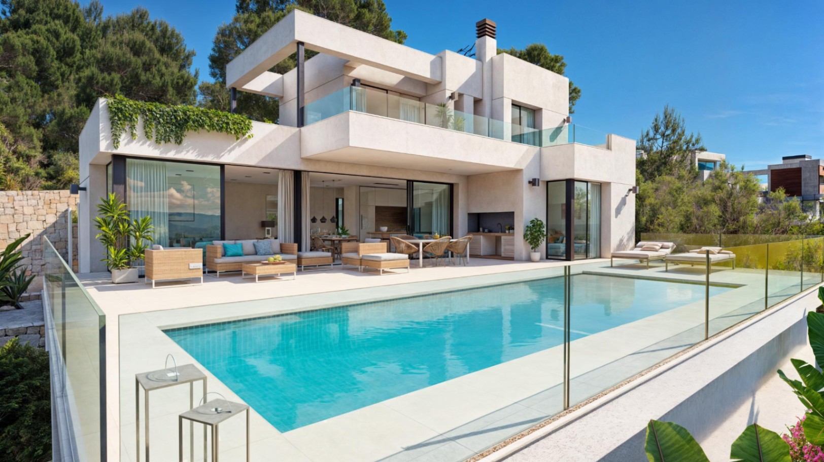 Modern villa exterior featuring a 9x4m swimming pool with glass railings, expansive sun terraces, an outdoor kitchen, and seamless indoor-outdoor living spaces.