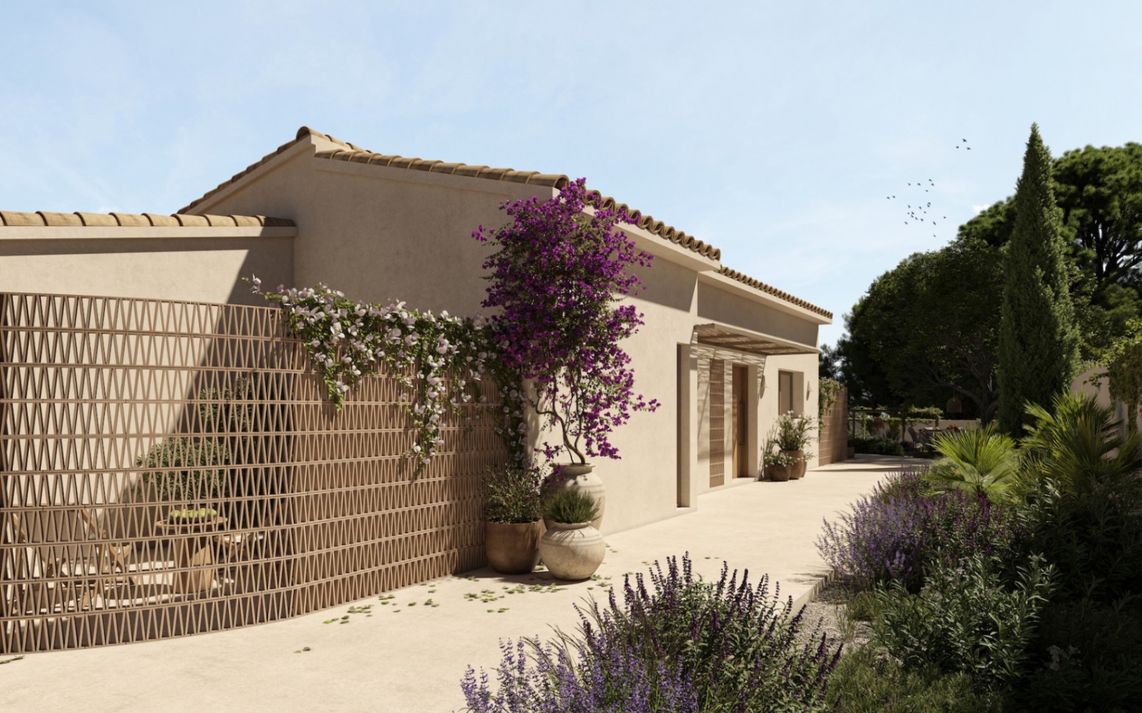 Exterior facade featuring a decorative terracotta lattice screen, potted bougainvillea, and a Mediterranean garden with lavender lining the villa entrance.