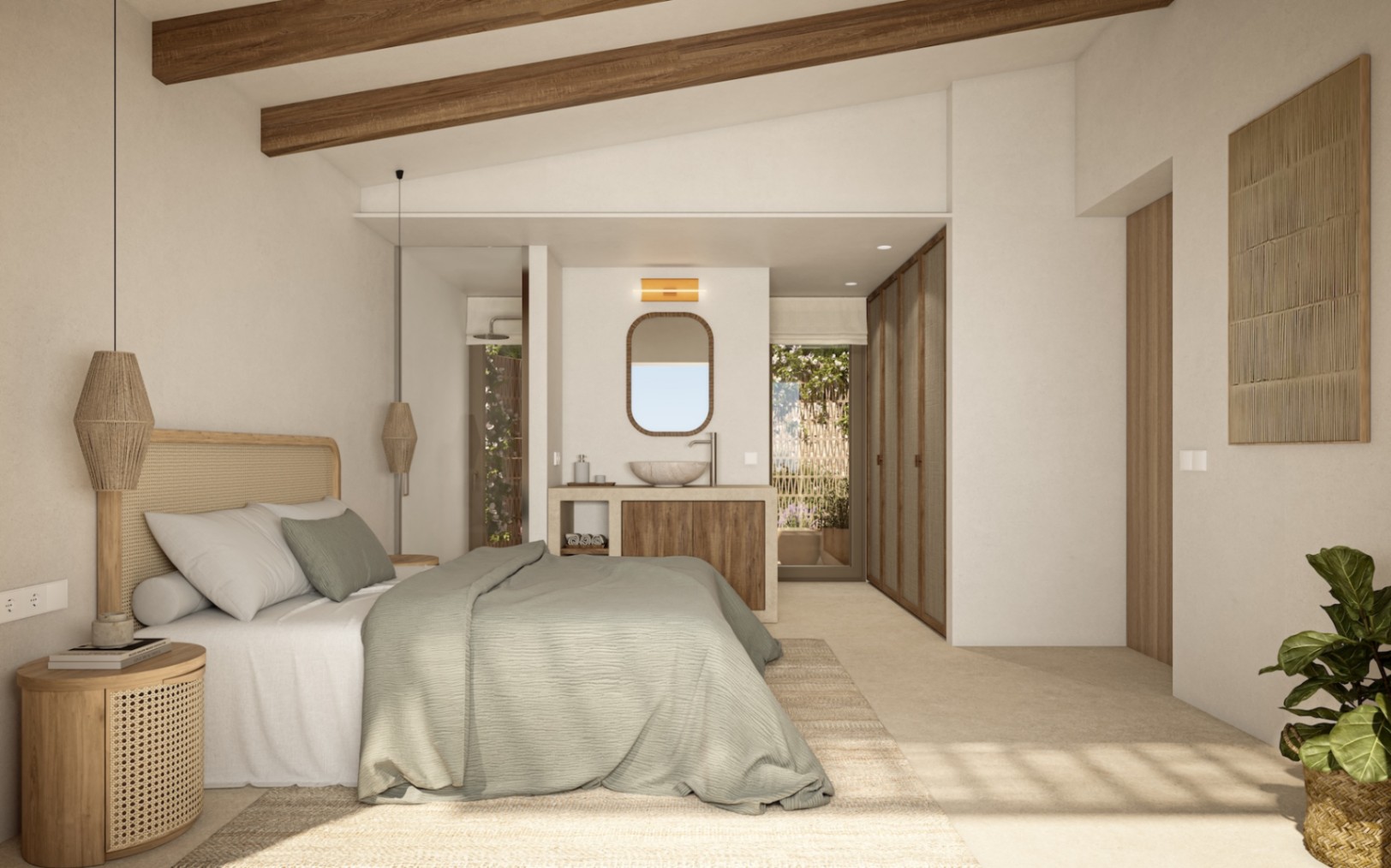 Master bedroom featuring exposed wooden beams, an integrated vanity with a stone sink, and built-in wardrobes. The space combines natural textures with private terrace access.