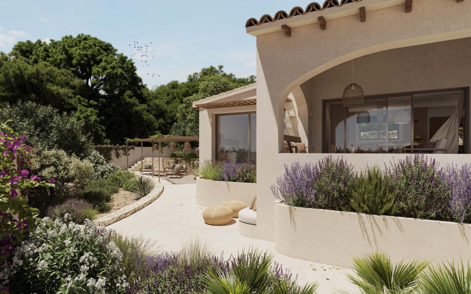 Mediterranean facade featuring arched porches, sand-toned finishes, and a native garden with lavender, leading to a shaded pergola and outdoor lounge area.
