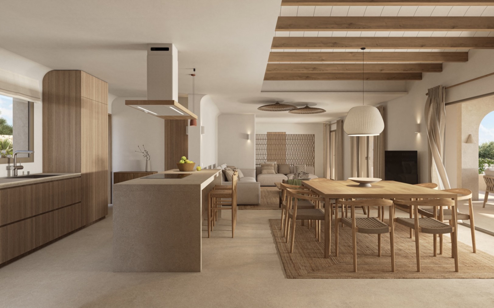 Open-concept living area featuring exposed wooden beams, a stone kitchen island, and a dining space with direct access to the outdoor terrace.