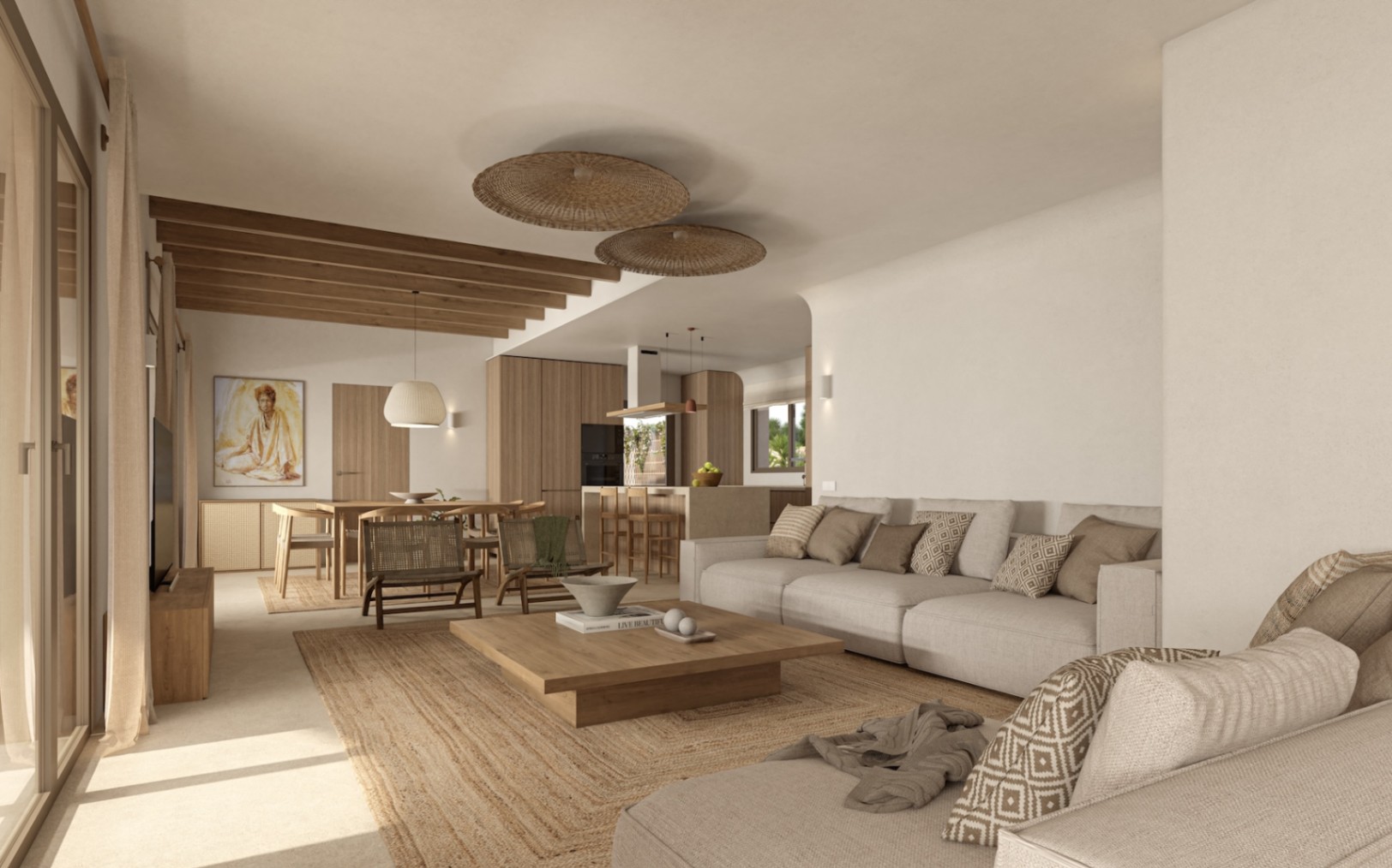 Open-plan living and dining area featuring exposed wooden beams, a modern integrated kitchen with island, and natural textures like jute and wood in a neutral palette.