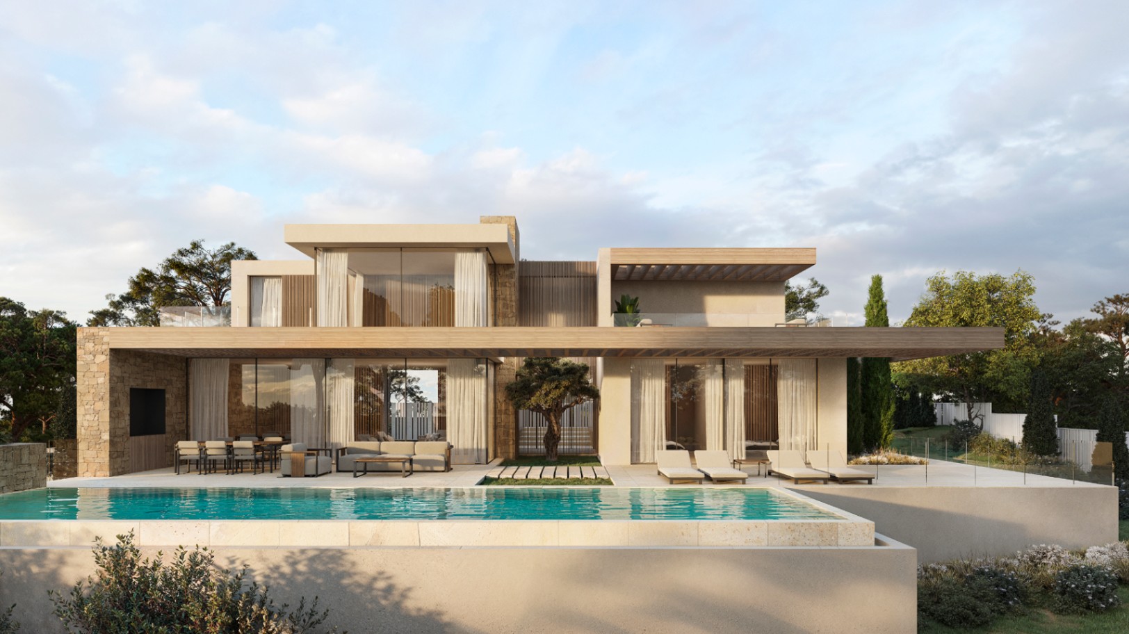 Exterior view of the villa featuring an infinity pool, spacious terraces with wooden pergolas, and a facade blending natural stone with floor-to-ceiling glass.