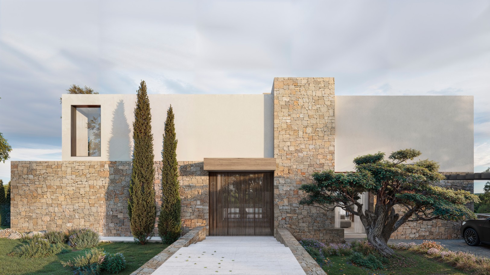 Main facade featuring natural stone walls, a wooden slatted entrance, and Mediterranean landscaping with cypress trees and an ornamental olive tree.