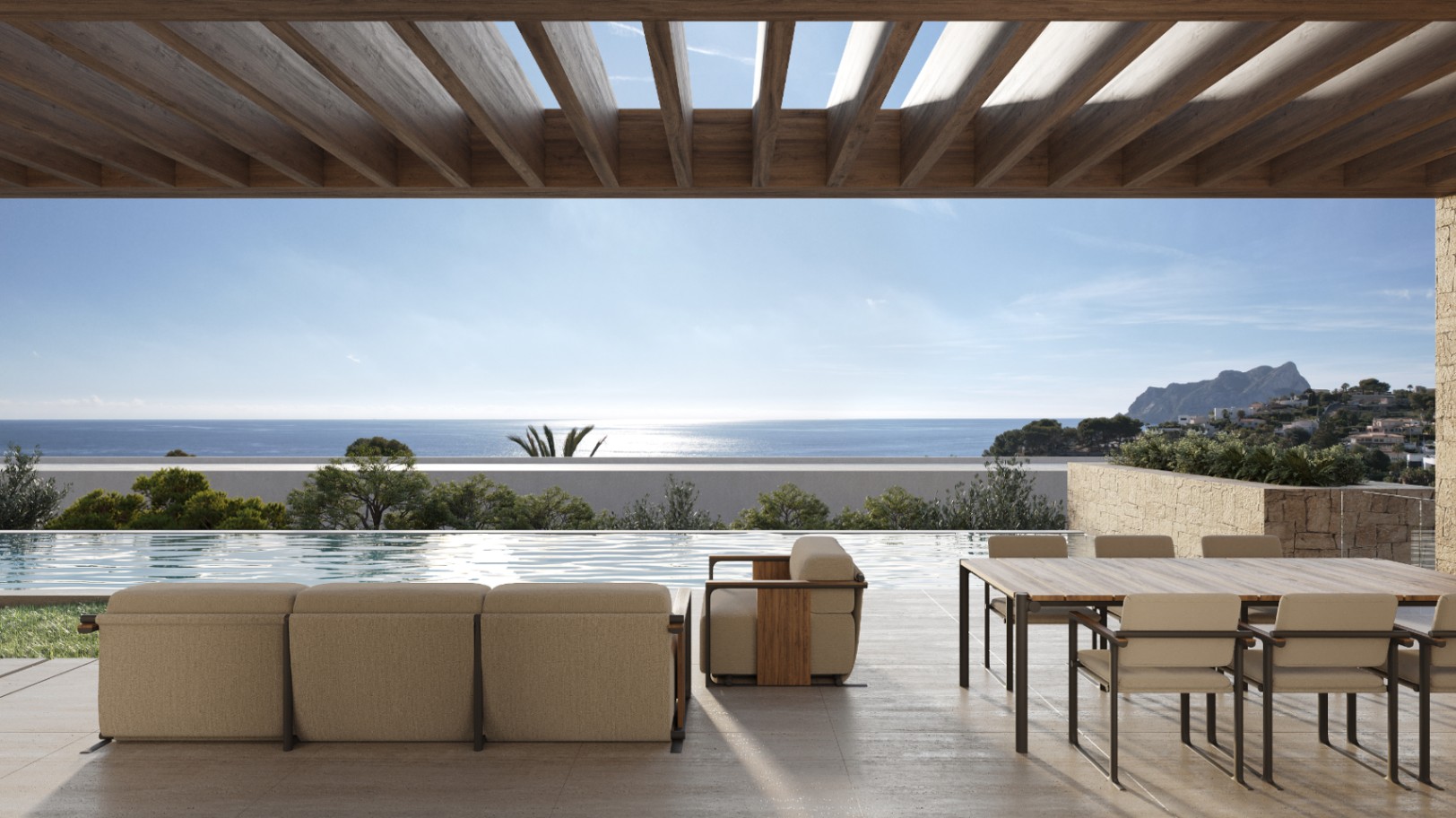 Main terrace featuring a wooden beam pergola, designer outdoor lounge, and dining area overlooking the infinity pool and Mediterranean Sea.