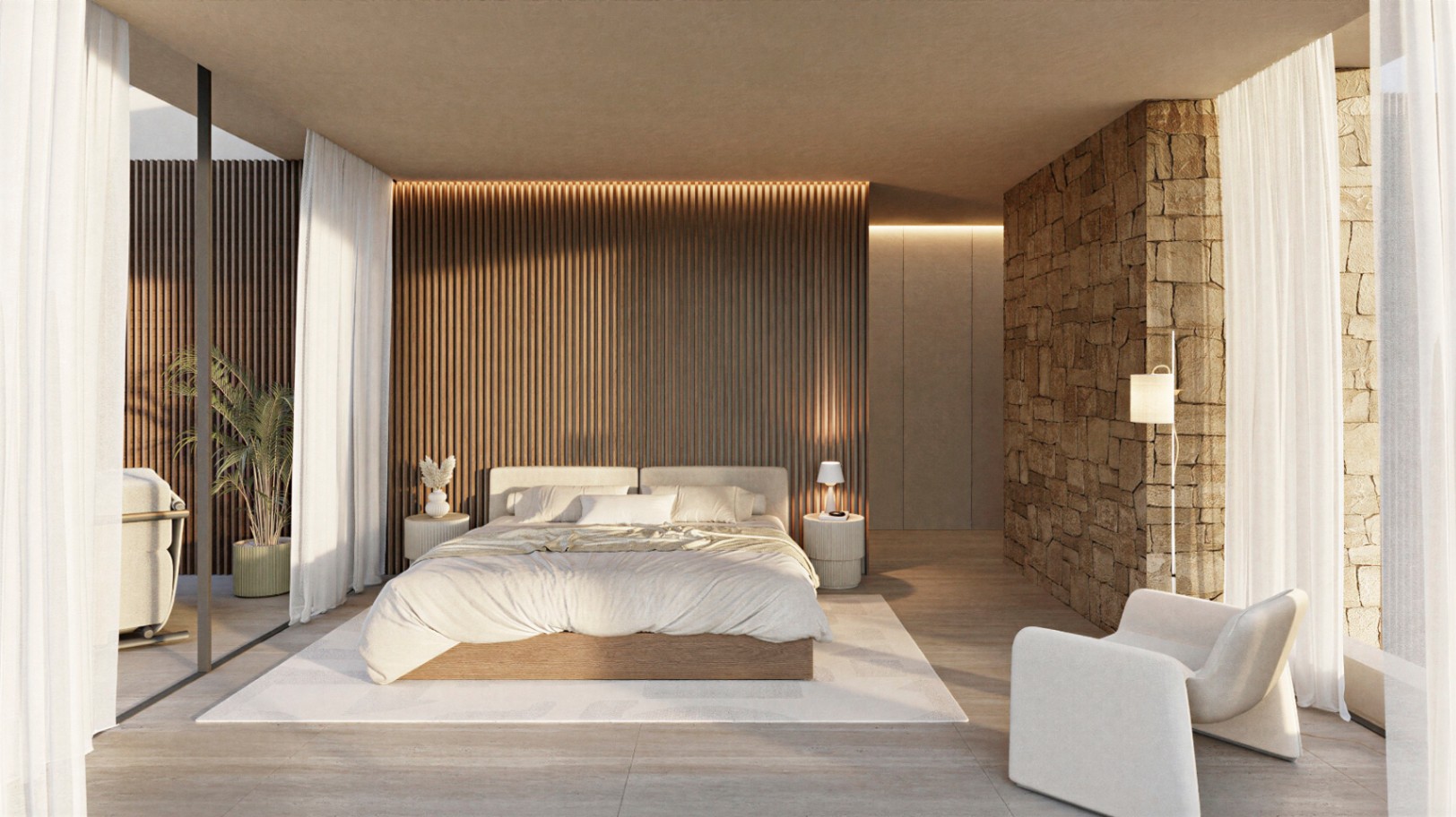 Master bedroom featuring a wood-slatted accent wall, natural stone masonry, and floor-to-ceiling windows with indirect LED lighting and neutral tones.