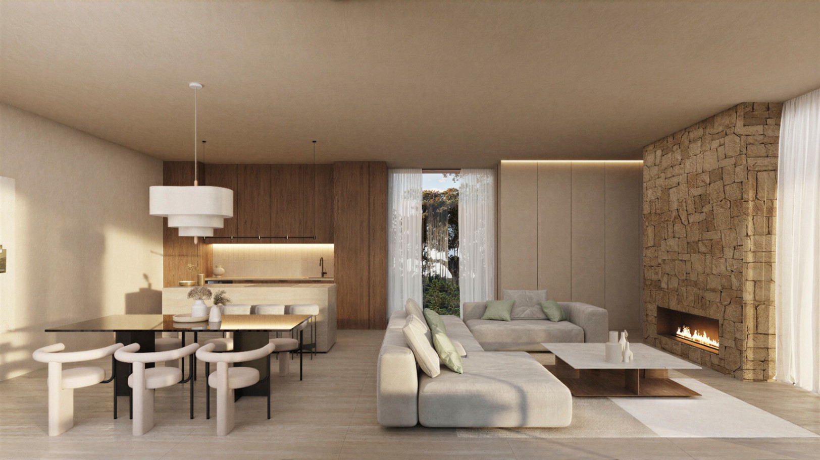 Open-plan living area featuring a natural stone wall with an integrated fireplace, designer dining furniture, and a modern kitchen with wood cabinetry.