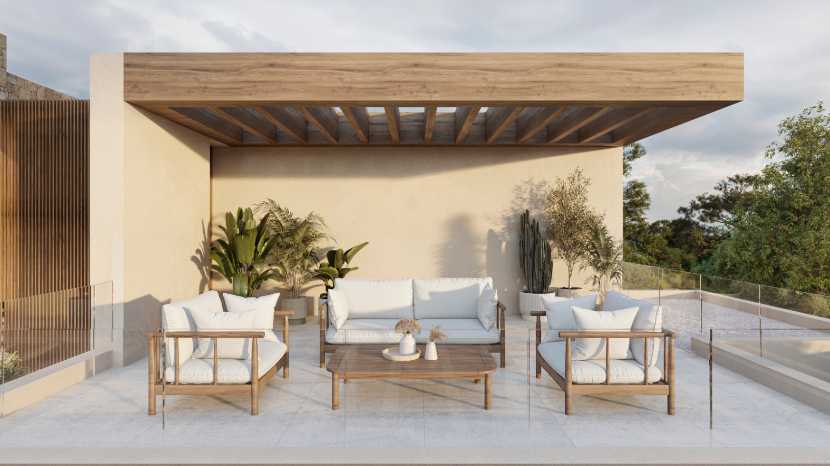 Outdoor terrace featuring a slatted wooden pergola, designer lounge furniture with white cushions, and frameless glass railings.