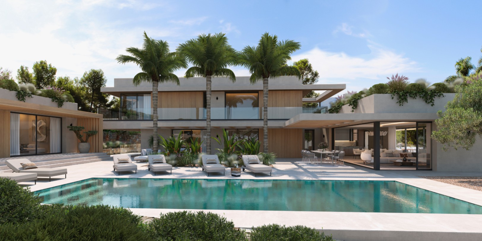 Exterior view featuring a rectangular pool, light stone terrace, and modern facade with wood cladding. Integrated palm trees and an outdoor dining area under a cantilevered roof.