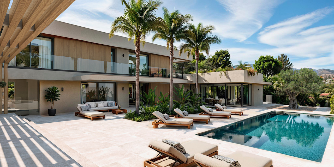 Exterior view of the villa featuring a private pool, expansive stone terrace, and sun deck with wooden loungers, framed by palm trees and Mediterranean landscaping.