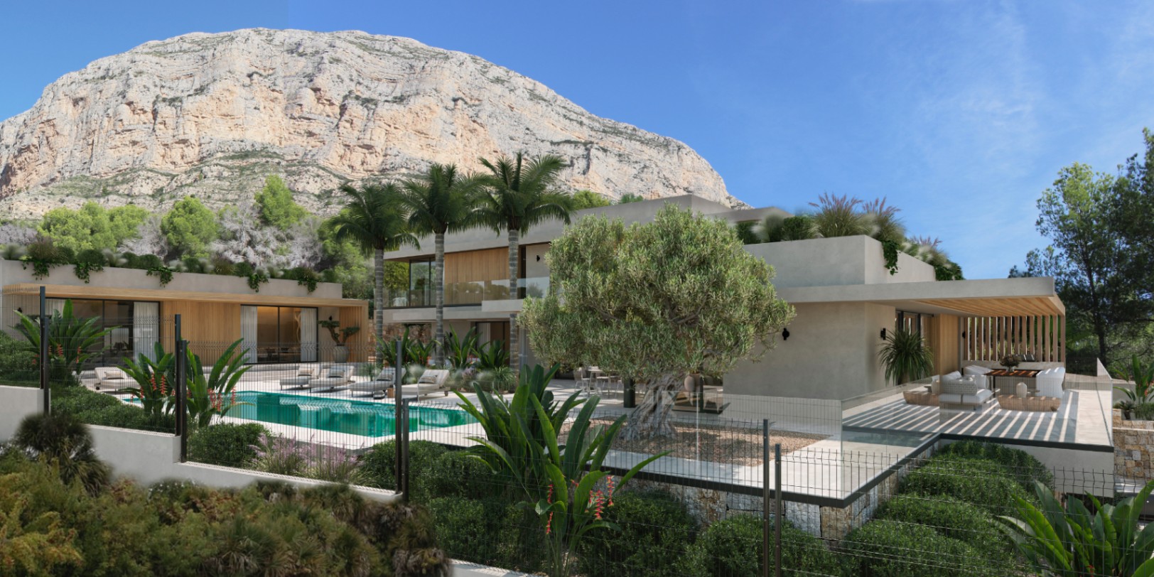 Exterior view of the villa featuring a turquoise pool, stone terrace, and Mediterranean garden set against the backdrop of the Montgó mountain.