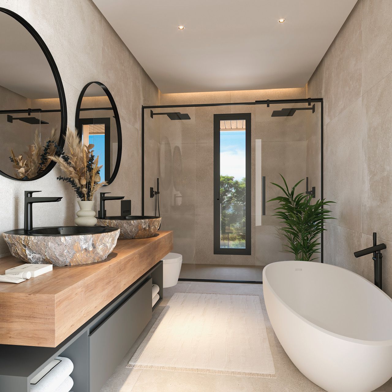 Master bathroom featuring natural stone vessel sinks on a wood vanity, a freestanding oval tub, and a walk-in shower with sleek black fixtures.
