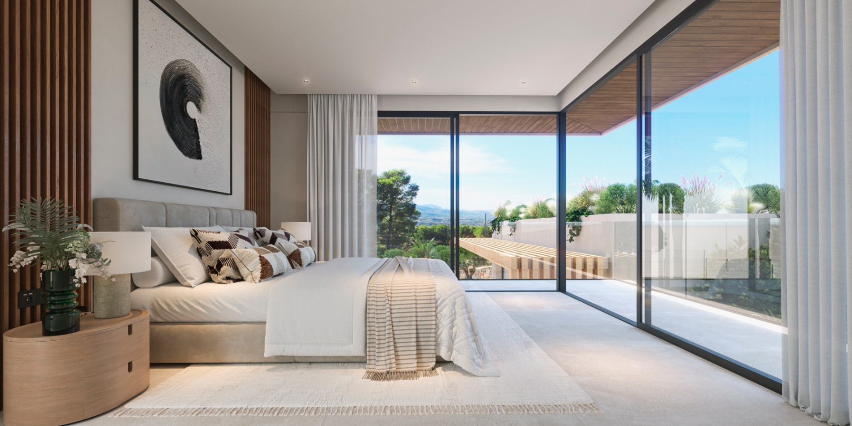 Master bedroom featuring floor-to-ceiling corner windows, wooden slat wall accents, and direct access to a private terrace overlooking the landscape.