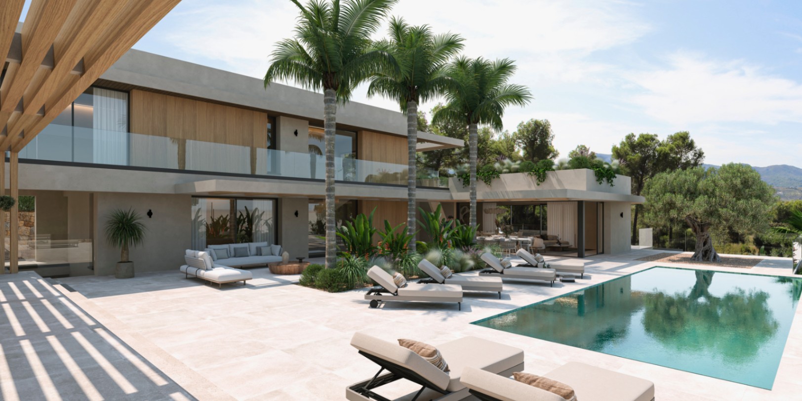 Modern villa exterior featuring a large swimming pool, light stone terrace, integrated palm trees, and a facade combining concrete with warm wood paneling.