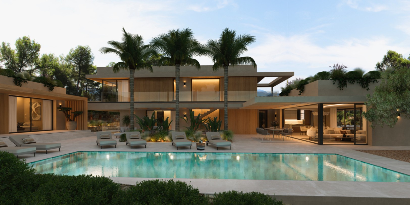 Modern villa exterior featuring a rectangular swimming pool, integrated palm trees, and a wood-paneled facade with large glass windows.