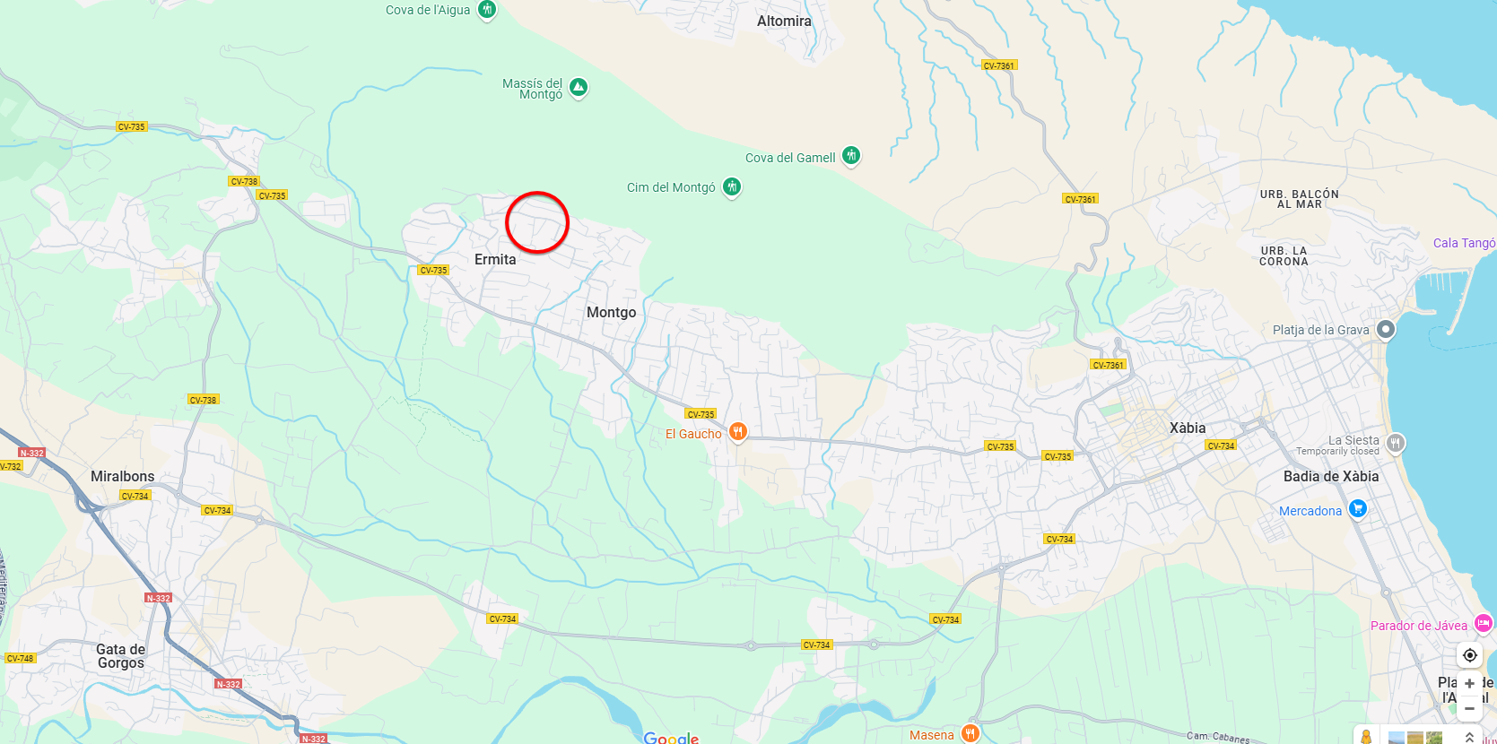 Detailed location map showing the property's position near the Montgó Massif in Xàbia, highlighting the Ermita residential area.