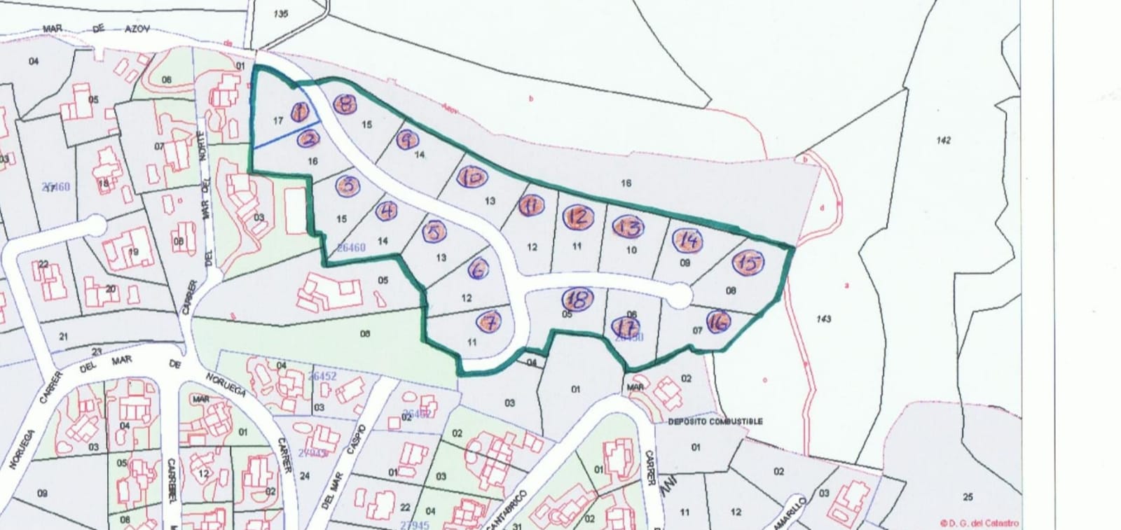 Detailed cadastral map showing the technical layout of residential plots 11 to 17, highlighted with a green perimeter and labeled street names.