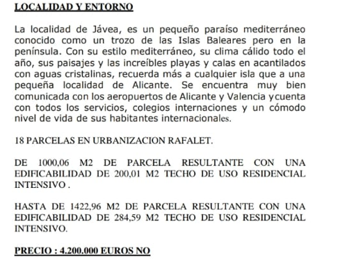 Technical information document detailing the Jávea location and building specifications for 18 residential plots in Urbanización Rafalet.