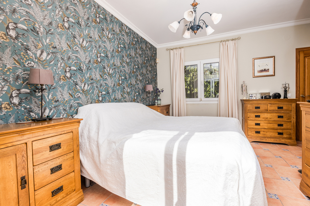Bedroom featuring a tropical-patterned accent wall, solid wood dressers, and terracotta tile flooring with decorative inserts. Natural light enters through a white-framed window.