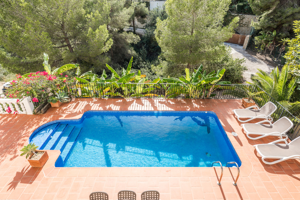 Elevated view of a rectangular pool with blue mosaic tiling, terracotta decking, and sun loungers, bordered by lush Mediterranean vegetation and pine trees.