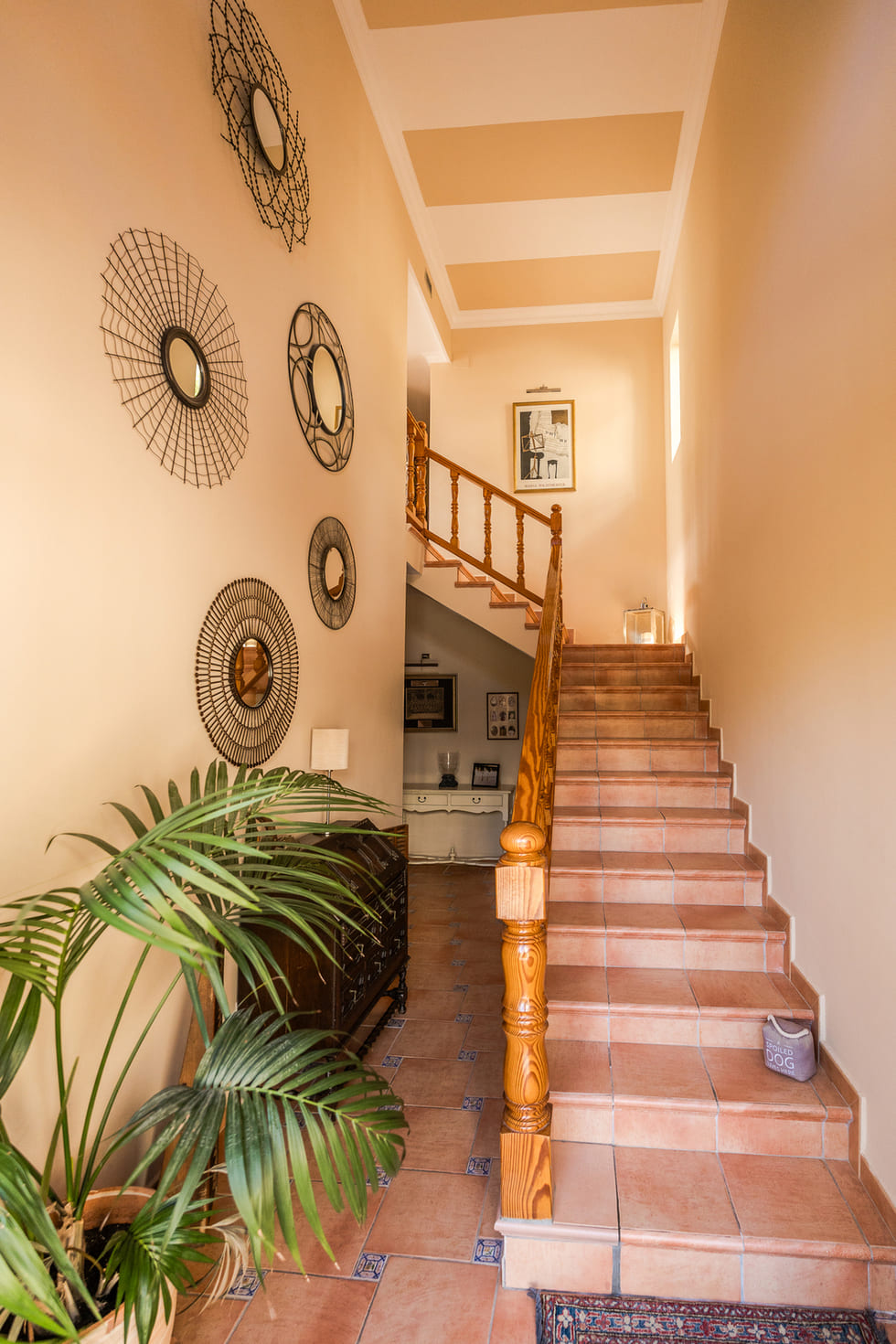 Entrance hall featuring a terracotta tile staircase with wooden railings, decorative wire mirrors, and a striped ceiling design.