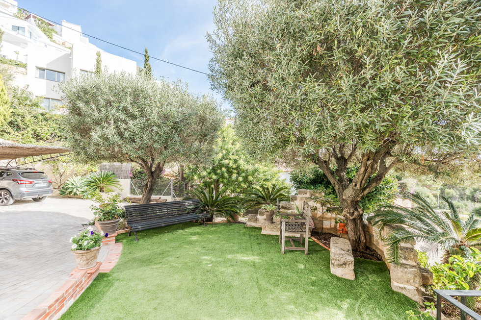 Garden area featuring artificial turf, mature olive trees, and a black metal bench. Includes stone walls and a paved driveway with covered parking.
