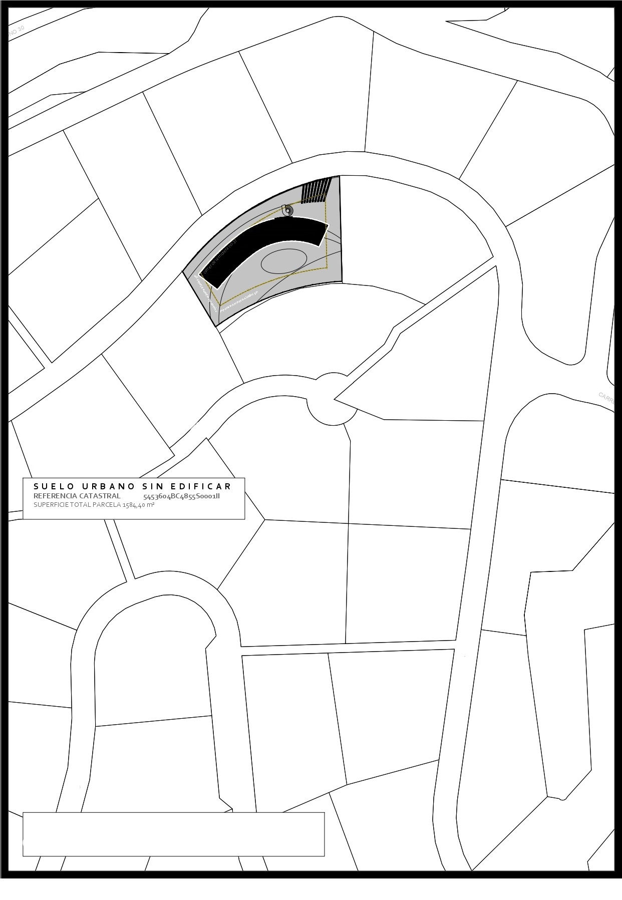 Cadastral site plan of an unbuilt urban plot measuring 1,584.40 m², featuring a curved architectural footprint within the designated lot boundaries.