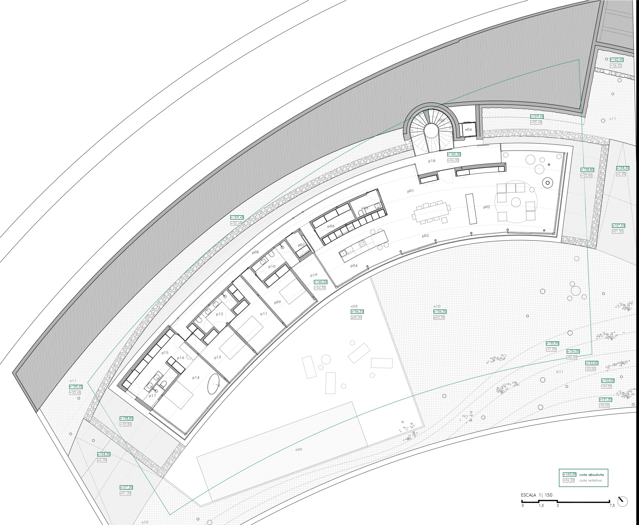 Detailed architectural floor plan showing a curved residential layout with integrated living spaces, four bedrooms with en-suite bathrooms, and a central spiral staircase.