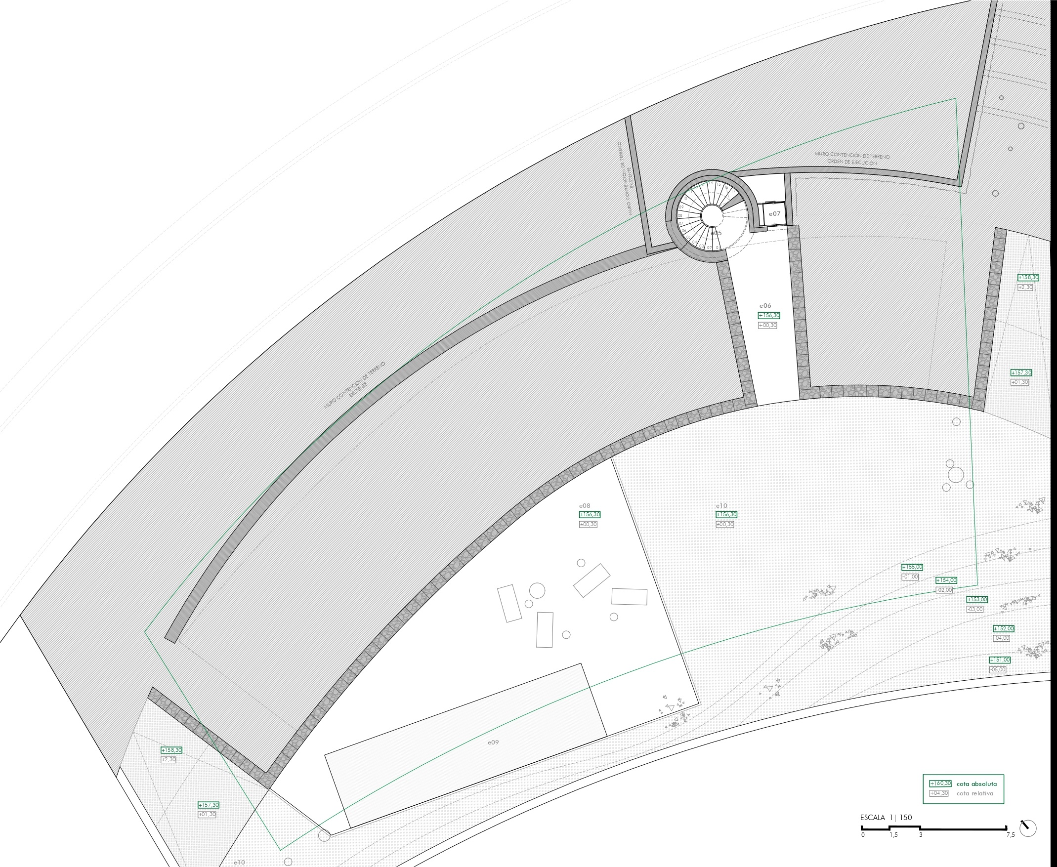 Detailed architectural site plan featuring a curved terrace with a swimming pool, outdoor lounge area, and a spiral staircase integrated into the landscape.