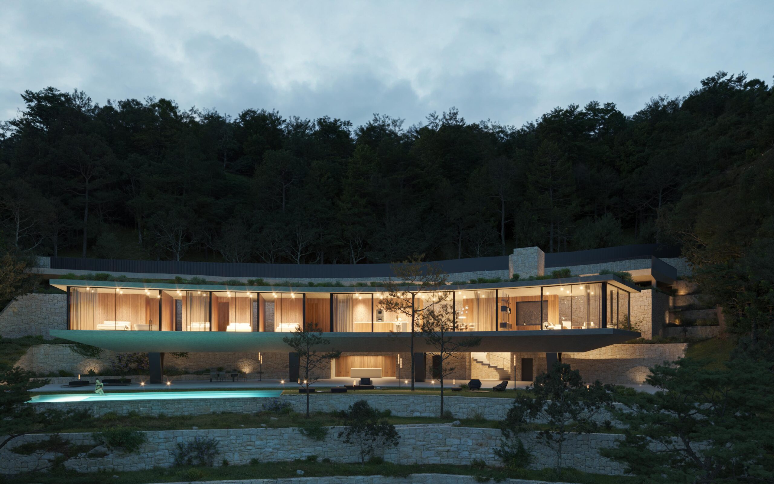 Modern cantilevered villa featuring floor-to-ceiling glass walls and warm wood interiors, set against a forested hillside with terraced stone and a pool.