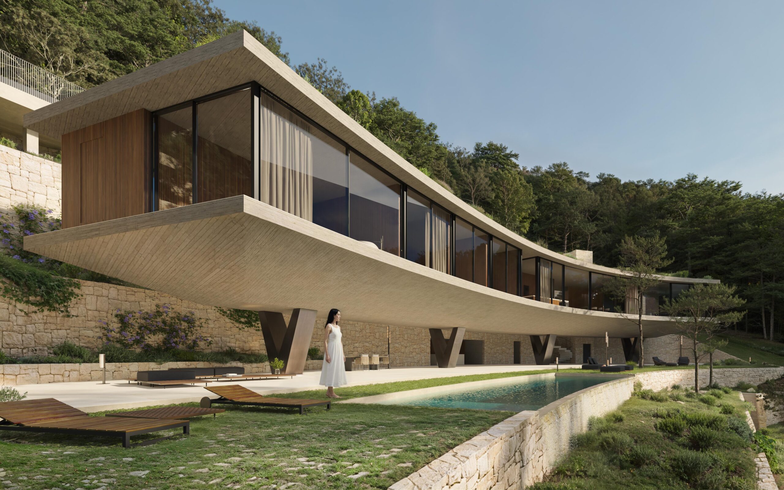 Modern cantilevered villa with board-marked concrete and floor-to-ceiling glazing, featuring a curved infinity pool and V-shaped supports integrated into a wooded hillside.