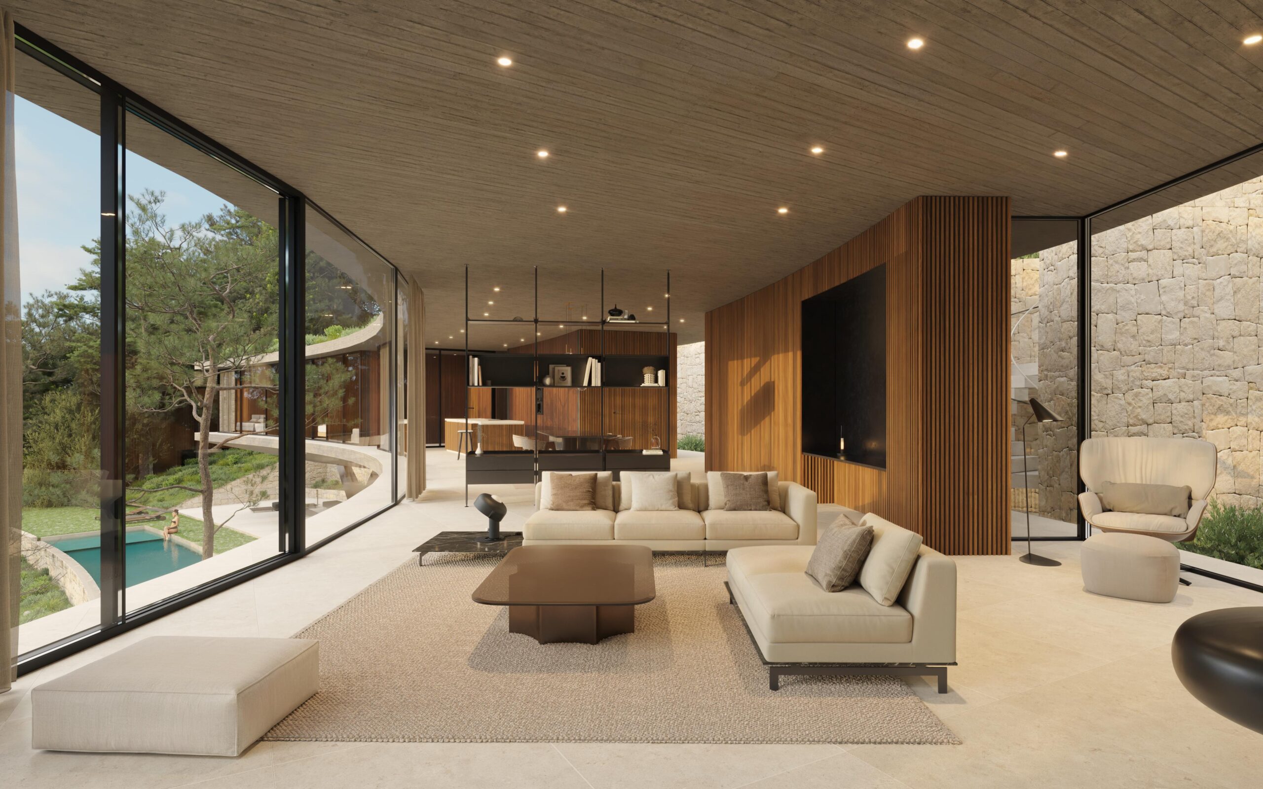 Modern open-plan living area featuring floor-to-ceiling windows, wood-slat walls, and a concrete ceiling. The space overlooks a curved terrace and private pool.