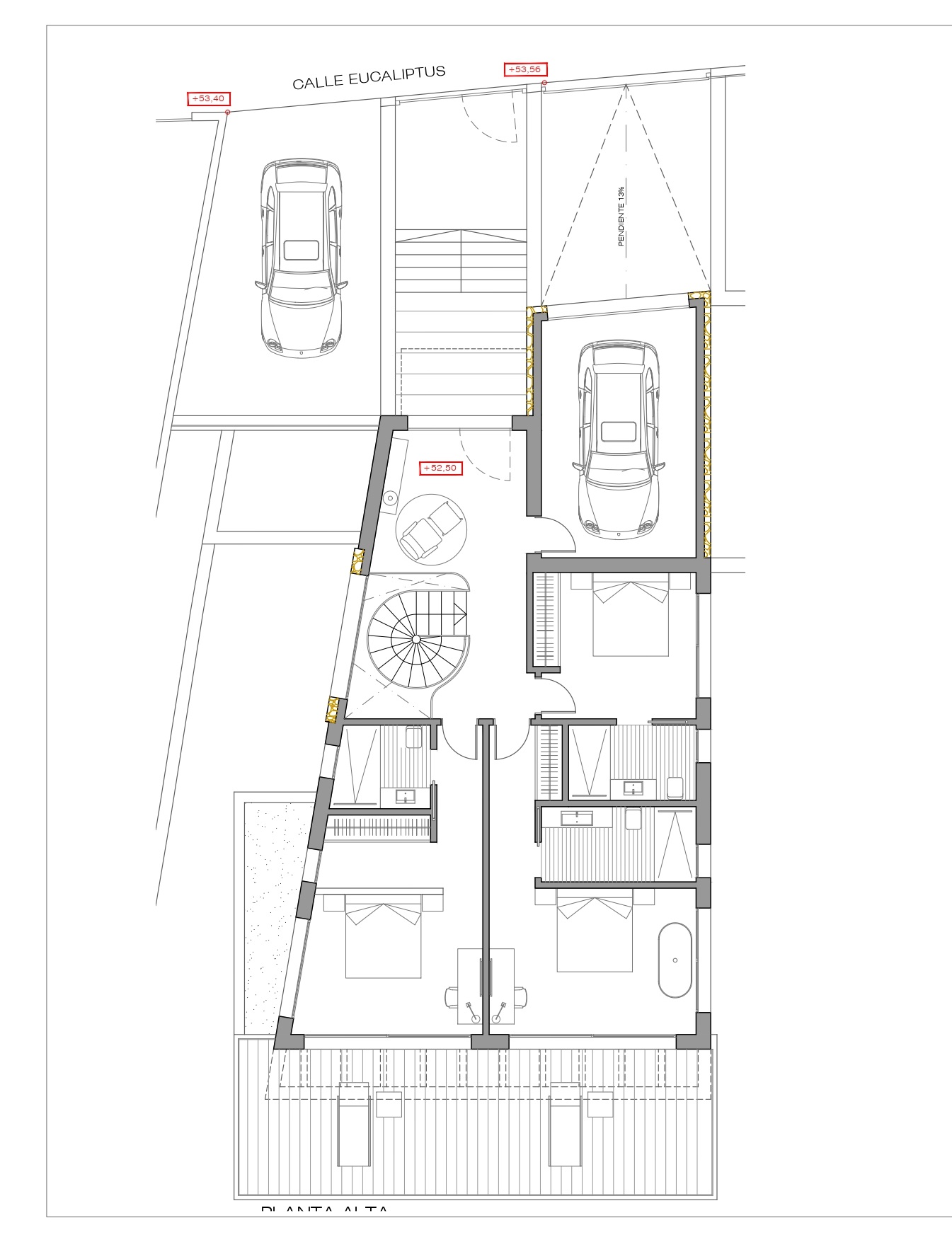 Architectural floor plan of the upper level featuring a private garage, three bedrooms, a spiral staircase, and a spacious rear terrace with lounge areas.